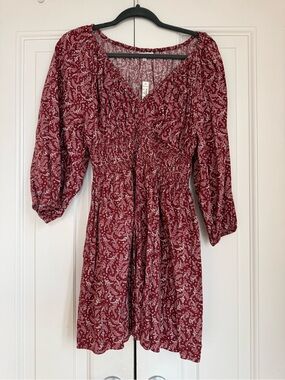 Madewell Burgundy Printed Smocked Mini Dress
